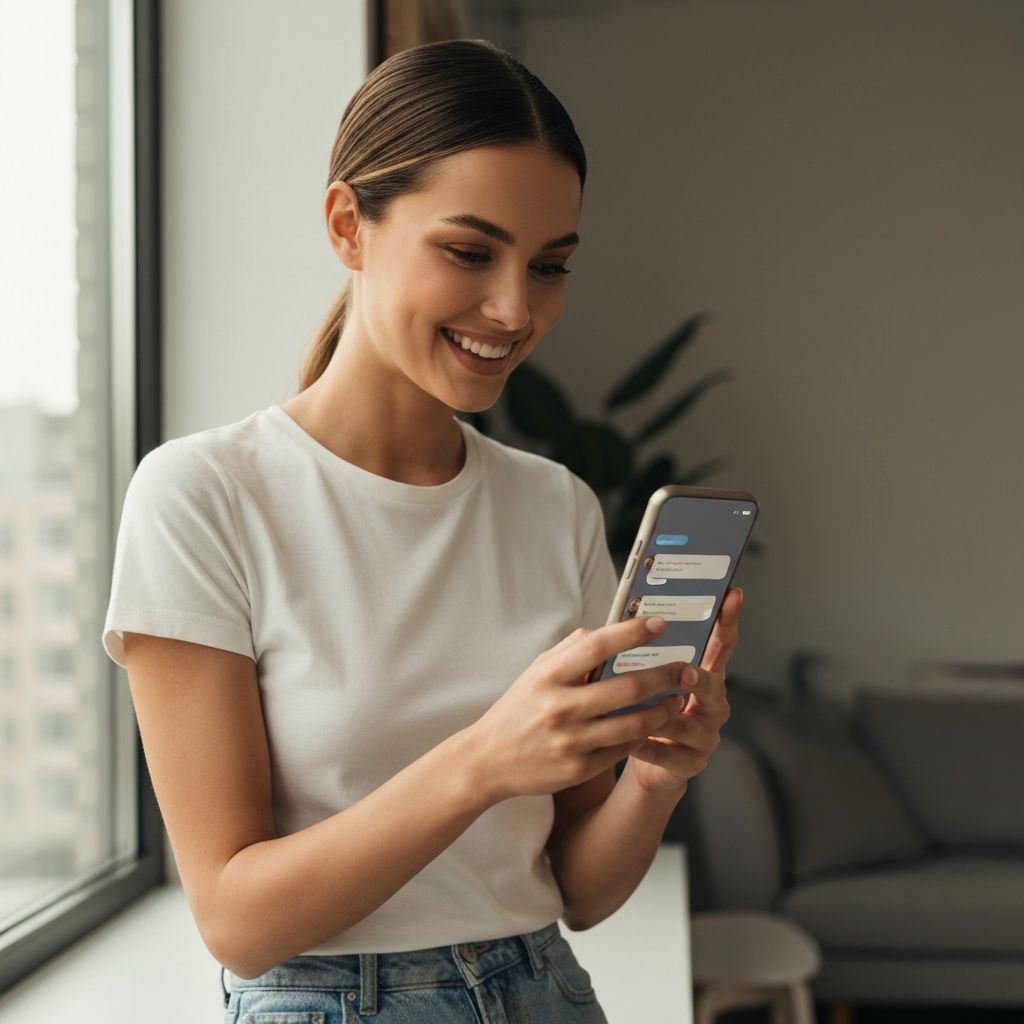 Kobieta korzystająca ze smartfona - łatwe nawiązywanie kontaktów